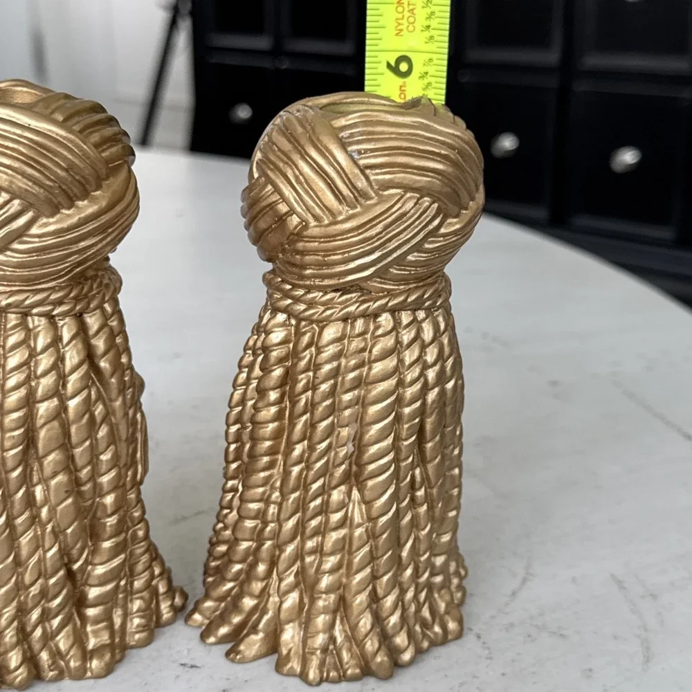 Vintage Hollywood Regency Resin Tassel Candle Holder Set Mid Century Draper Gold
